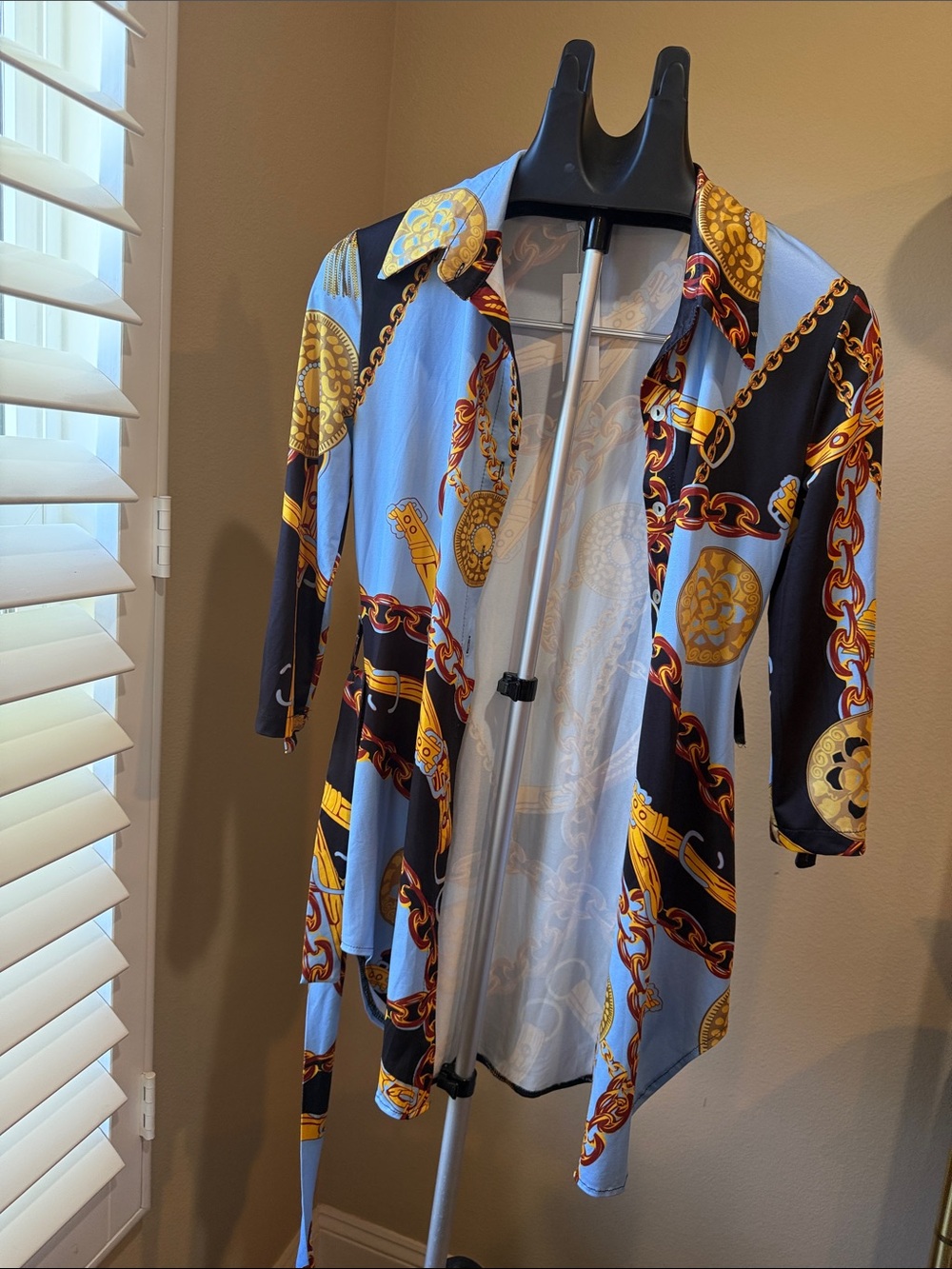 CBR Light Blue, Black & Gold Chain Print Longline Button-Down Shirt